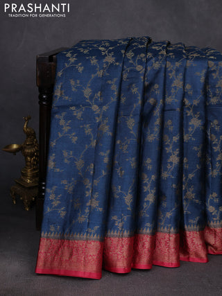 Peacock Blue & Maroon Banarasi Tussar Silk Saree