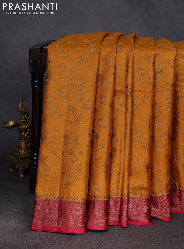 Mustard Yellow & Maroon Banarasi Tussar Silk Saree