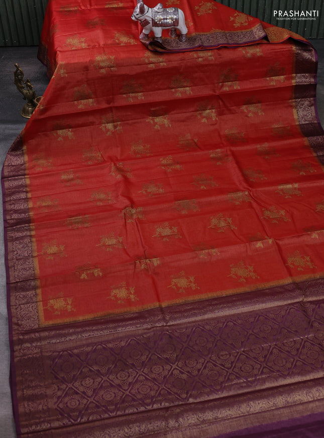 Rust & Purple Banarasi Tussar Silk Saree