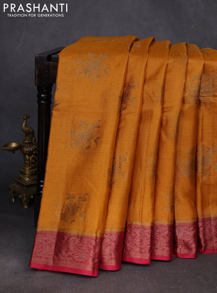 Mustard Yellow & Maroon Banarasi Tussar Silk Saree