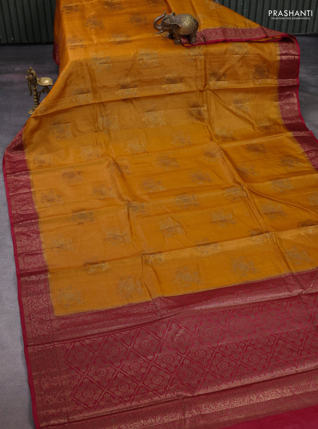 Mustard Yellow & Maroon Banarasi Tussar Silk Saree