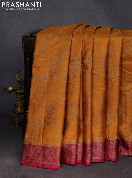 Mustard Yellow & Maroon Banarasi Tussar Silk Saree