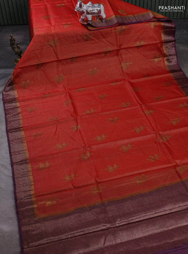 Rust & Purple Banarasi Tussar Silk Saree