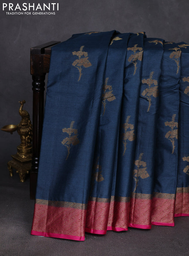 Peacock Blue & Pink Banarasi Tussar Silk Saree