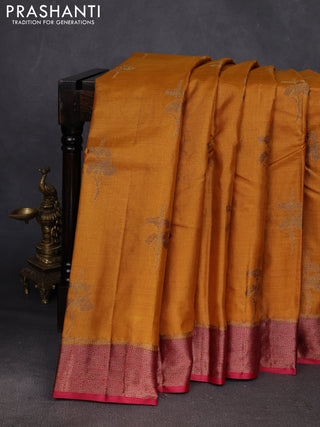 Mustard Yellow & Maroon Banarasi Tussar Silk Saree