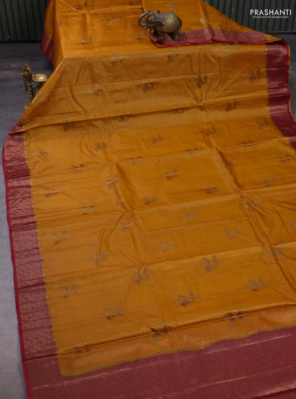 Mustard Yellow & Maroon Banarasi Tussar Silk Saree