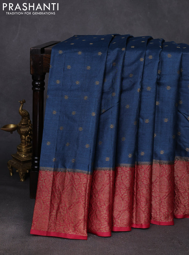 Peacock Blue & Maroon Banarasi Tussar Silk Saree