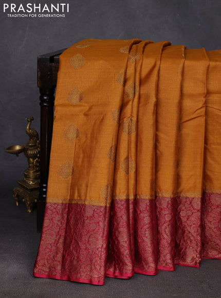 Mustard Yellow & Maroon Banarasi Tussar Silk Saree