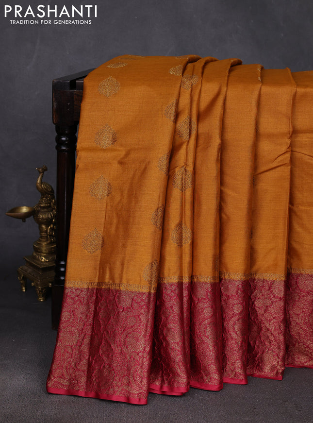 Mustard Yellow & Maroon Banarasi Tussar Silk Saree
