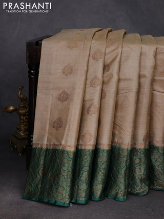 Beige & Green Banarasi Tussar Silk Saree