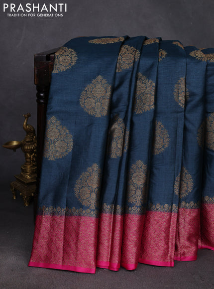 Peacock Blue & Pink Banarasi Tussar Silk Saree