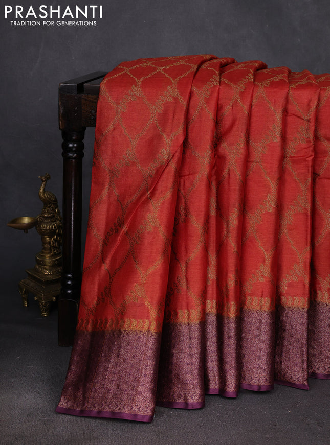 Rust & Purple Banarasi Tussar Silk Saree