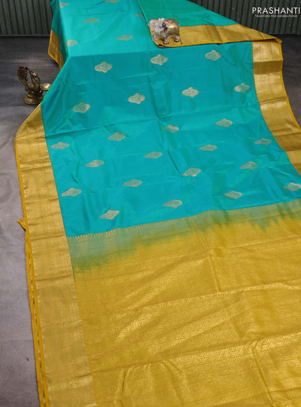 Teal Blue & Yellow Bangalori Silk - Buttas