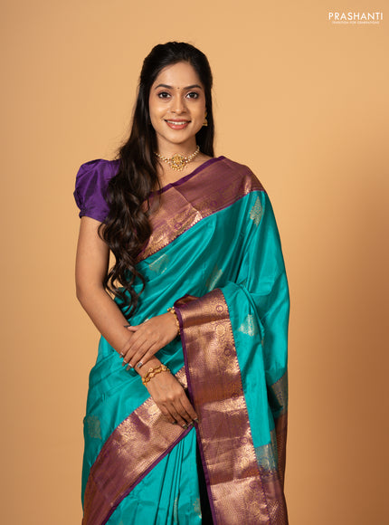 Teal Green & Purple Bangalori Silk - Buttas