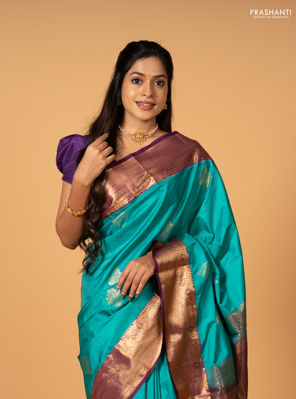 Teal Green & Purple Bangalori Silk - Buttas