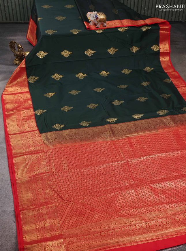 Bottle Green & Red Bangalori Silk - Buttas
