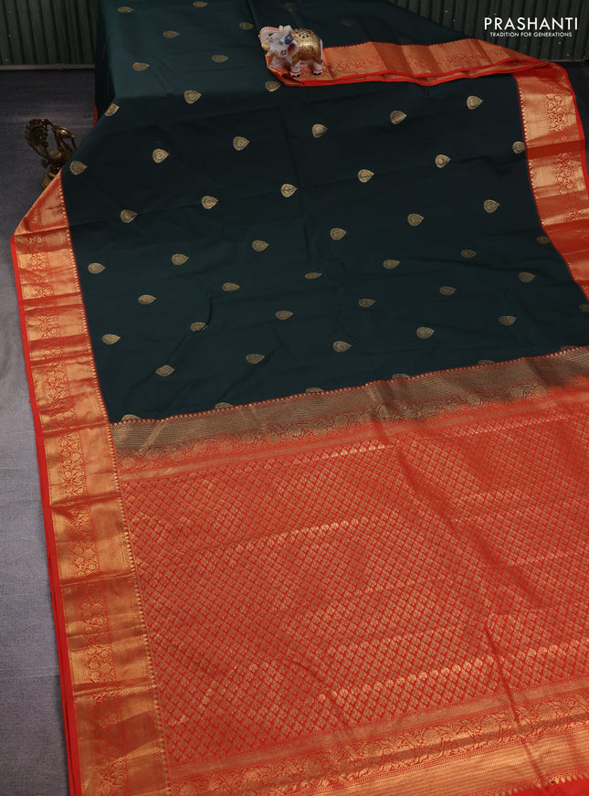 Bottle Green & Red Bangalori Silk - Buttas