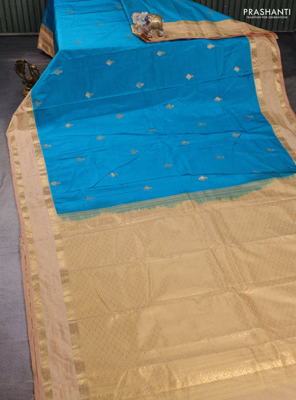 Teal Blue & Peach Bangalori Silk - Buttas