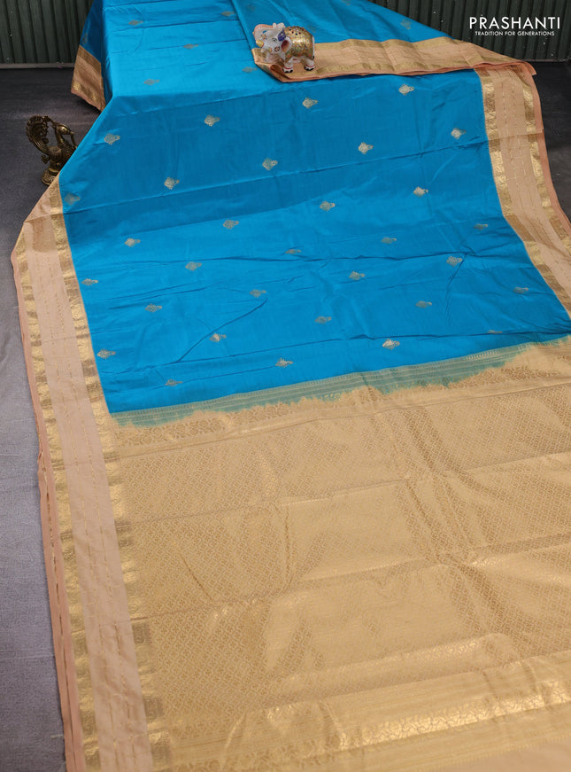 Teal Blue & Peach Bangalori Silk - Buttas