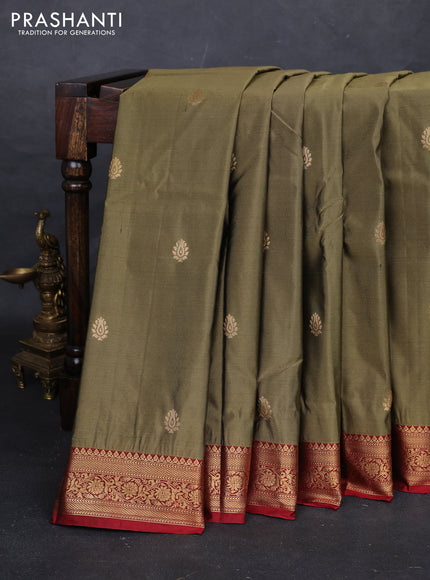 Olive Green & Red Bangalori Silk - Buttas