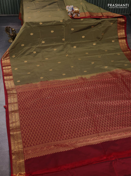 Olive Green & Red Bangalori Silk - Buttas