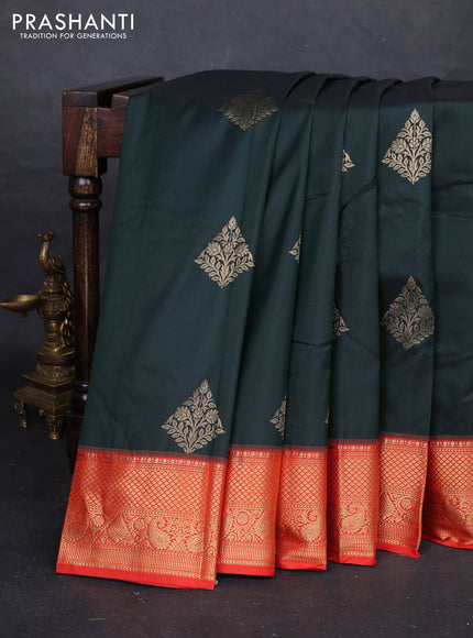Bottle Green & Red Bangalori Silk - Buttas