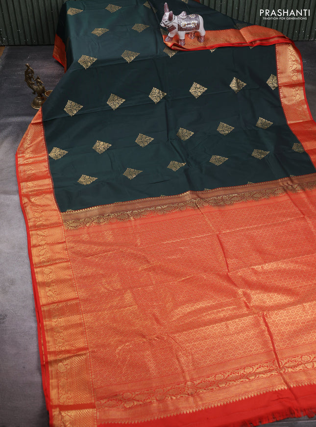 Bottle Green & Red Bangalori Silk - Buttas