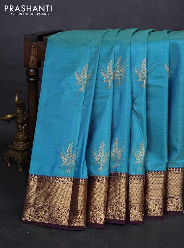 Blue & Coffee Brown Bangalori Silk - Buttas