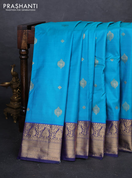 Teal Blue & Navy Blue Bangalori Silk - Buttas