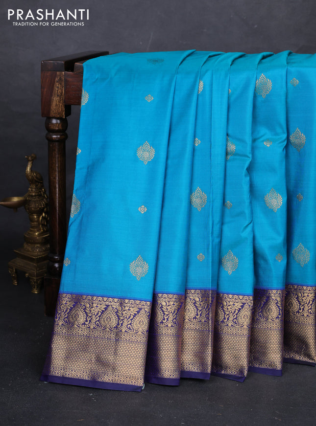 Teal Blue & Navy Blue Bangalori Silk - Buttas