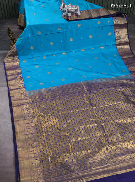 Teal Blue & Navy Blue Bangalori Silk - Buttas