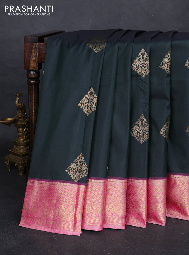 Bottle Green & Pink Bangalori Silk - Buttas
