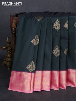 Bottle Green & Pink Bangalori Silk - Buttas