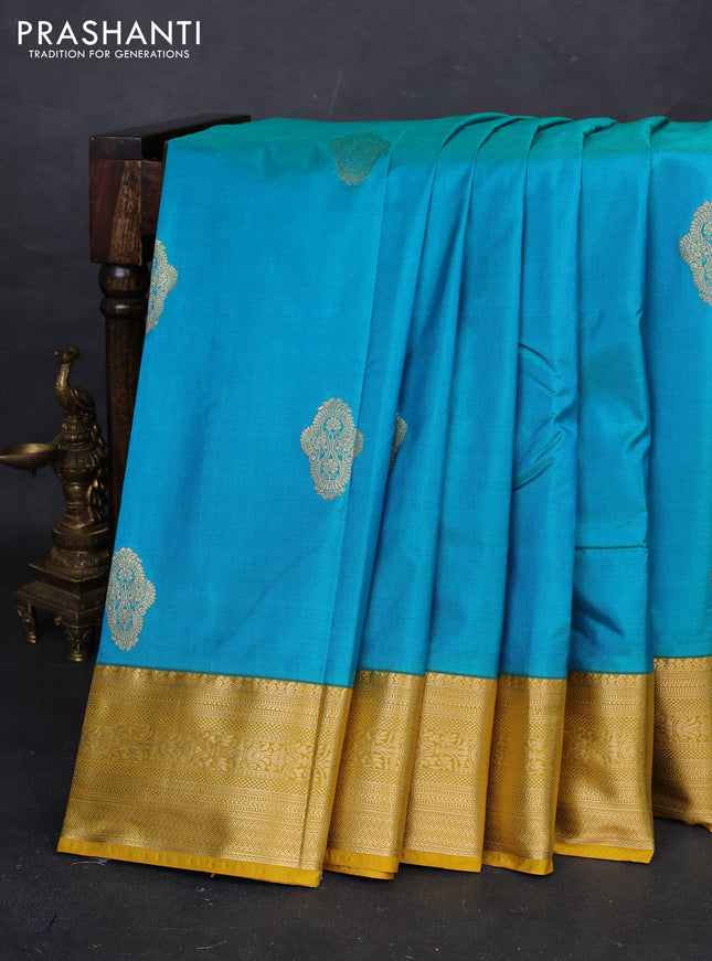 Teal Blue & Mustard Yellow Bangalori Silk - Buttas
