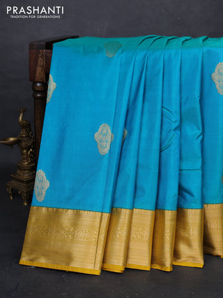Teal Blue & Mustard Yellow Bangalori Silk - Buttas