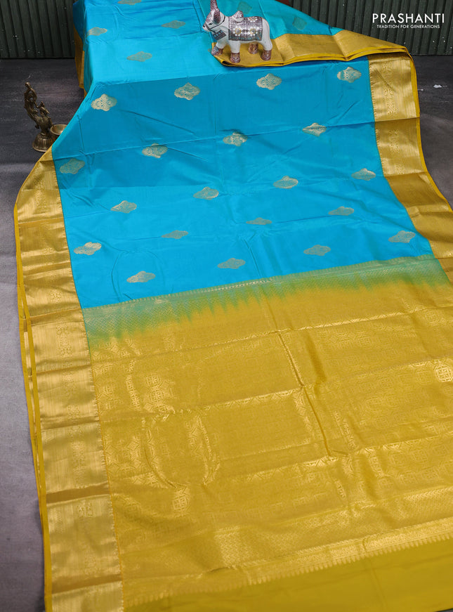 Teal Blue & Mustard Yellow Bangalori Silk - Buttas