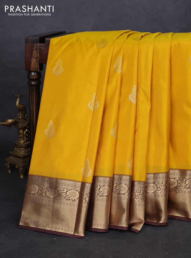 Yellow & Coffee Brown Bangalori Silk - Buttas