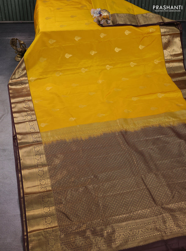 Yellow & Coffee Brown Bangalori Silk - Buttas