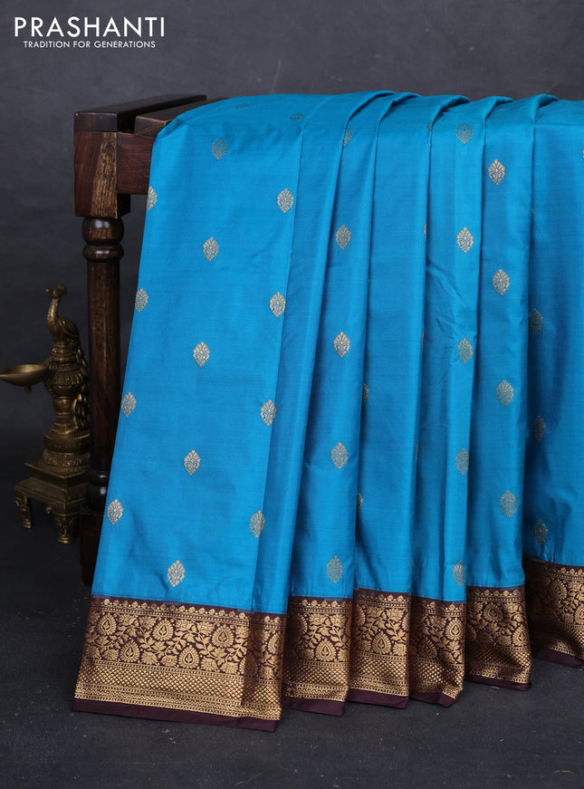 Teal Blue & Coffee Brown Bangalori Silk - Buttas