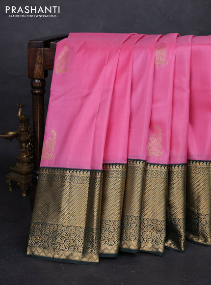 Pink & Bottle Green Bangalori Silk - Buttas