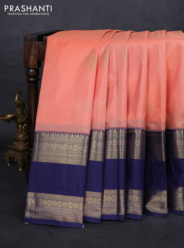 Peach Orange & Navy Blue Bangalori Silk - Buttas