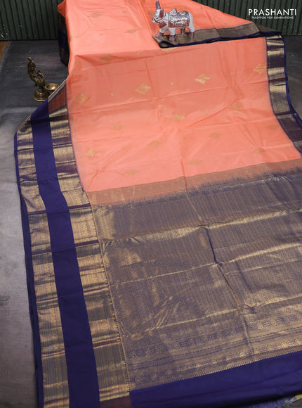 Peach Orange & Navy Blue Bangalori Silk - Buttas