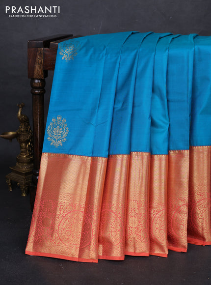 Teal Blue & Peach Orange Bangalori Silk - Buttas
