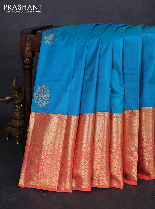 Teal Blue & Peach Orange Bangalori Silk - Buttas