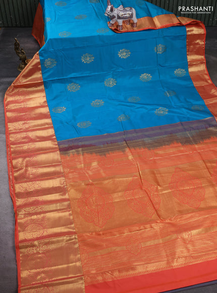 Teal Blue & Peach Orange Bangalori Silk - Buttas