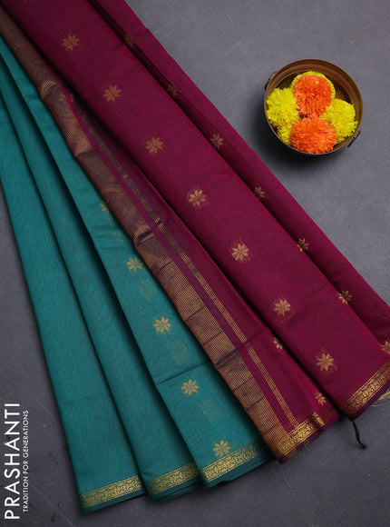 Teal Green & Magenta Pink Semi Maheshwari Cotton - Buttas