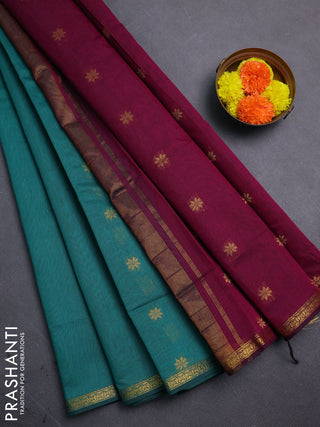 Teal Green & Magenta Pink Semi Maheshwari Cotton - Buttas