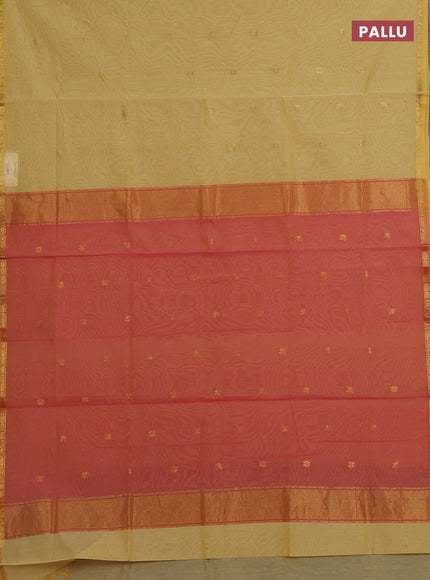 Pale Yellow & Pink Semi Maheshwari Cotton - Buttas