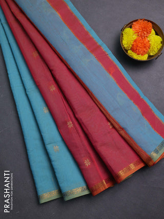 Teal Blue & Red Semi Maheshwari Cotton - Buttas