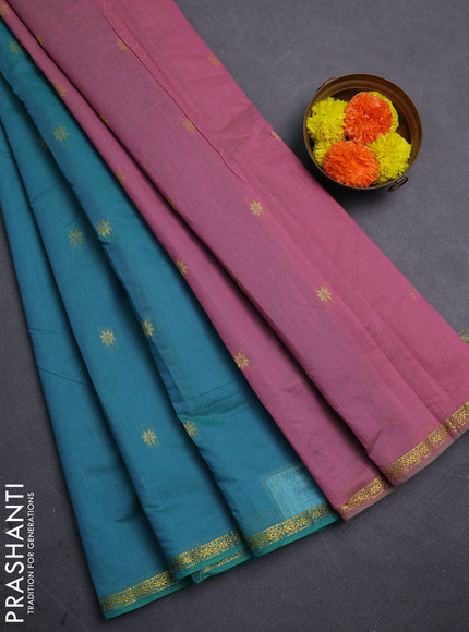 Teal Blue & Mauve Pink Semi Maheshwari Cotton - Buttas